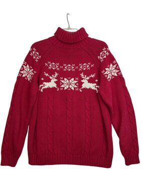 Vintage Land's End Women's Red Sweater Christmas Reindeer Snowflake Turtleneck